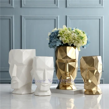 Скандинавска креативна керамична ваза абстрактно човешко лице на главата геометрична Златна договореност Модерна декорация на дома, вази