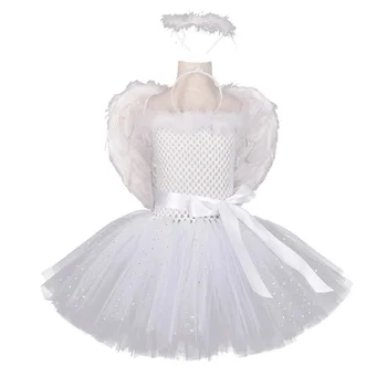 Бяла рокля-пакетче с крила на Ангел за момичета, коледни Коледни костюми на принцеса, детски рокли фея момичета на рожден ден