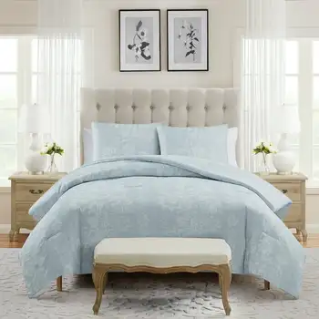 Комплект стеганого одеяла Caroline от 3 теми синьо с цветен модел, висококачествен комплект спално бельо, което е благоприятно за кожата
