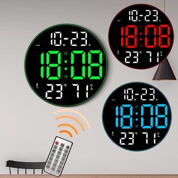 кръгли стенен часовник с 12-инчов led дисплей с голям екран, които показват влажност, температура, дата, цифров часовник, настолни USB-устройство за декориране на дневната