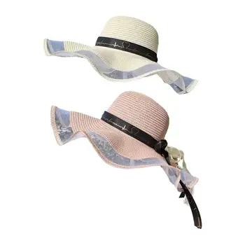 Дамски сламени шапки Солнцезащитная шапка с леки широка периферия от ресни Дамски плажни шапки за фестивали Ваканция пътувания в природата Пътуване