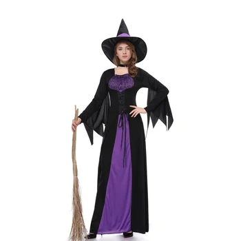 Рокля за костюм на вещица за Хелоуин, готическата на макси рокля с квадратна деколте и дантела, приталенная облекло за партита, жена на карнавалните костюми с шал яка шапка