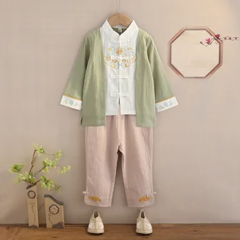 Пролетно-есенен детски зелен хлопчатобумажный бельо костюм Kid Tang, дрехи за момчета в китайски стил, костюми Hanfu