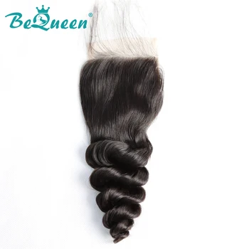 Бразилски косата BeQueen с дантелен закопчалка, свободна част, размер 4x4, свободна вълна, 100% естествена коса, обезцветени възли с коса на бебето за жени