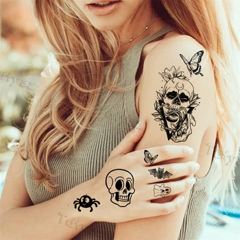 Временни татуировки с черепа на черни пеперуди за жени и възрастни, реалистична змия, Монахиня, Лъв, фалшива татуировка, стикер, който може да се пере на тялото, малки татуировки