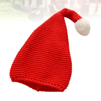 Коледна вязаная шапчица Дядо Коледа, топла шапка с пухкава помпоном за деца (червен)