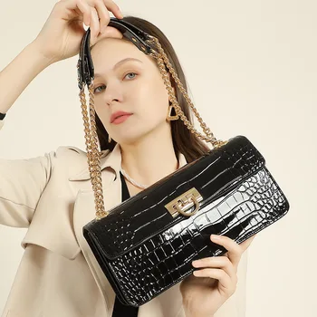 Луксозни дизайнерски чанти от естествена кожа за жени 2023 Нови чанти от крокодилска кожа в ивица, тънка верига, чанти през рамо, безплатна доставка