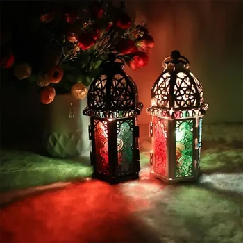 Ретро Притежателя Свещ Стъклен Фенер на пръчка Марокански 2021 Европейски Стил Скандинавски Окачен Декор за Сватба и Нов Дом