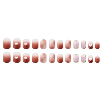 24шт Режийни ноктите в стил Сладки Сърца Мода Розово Сърце Кристал САМ Нийл-арт Дамска мода Режийни нокти във формата на сърце