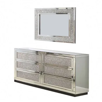 Мебели за дневна 2022 г., Огледален шкаф с 6 чекмеджета, плот от натрошен диамант, скрин с монтиран на стената огледало за спалня