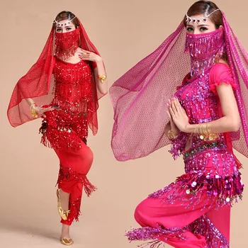 Комплект костюми за танц на корема за жени и момичета, Костюм за танц на корема, Циганин Пискюли, Пайети, Болливудский колан, Костюми за египетски ориенталски танци.