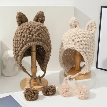 Сладки заячьи уши с вязаной шапочкой, топло защита на ушите, през есента и зимата с малко пуловером, корейската шапчица ръчно изработени.