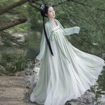 Традиционен Hanfu за жени Пролет 2023, китайски Тан, Зелено-лилаво, пола феи дължина до гърдите, костюми с бродерия, комплекти