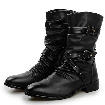 Мъжки кожени обувки, висококачествени байкерские обувки, черни обувки в стил пънк-рок, мъжки дамски високи ботуши, размер 38-48