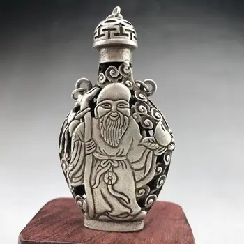 Китайски Изискан Тибетски Издълбани Бог на Дълголетието, от сребро, Мини Бутилка за емфие