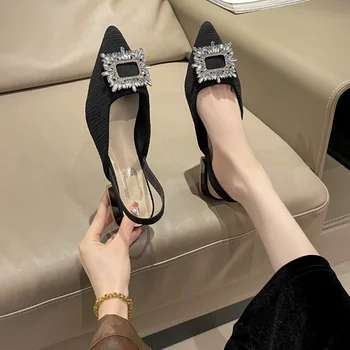 2023 Нова дамски обувки без закопчалка, дамски обувки на висок ток, лятна однотонная офис и карьерная мода, кристал, секси дамски обувки на ток с остър пръсти