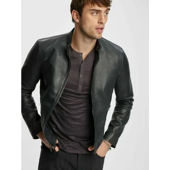 Ново мъжко черно кожено яке, стилна приталенная байкерская яке, модни тенденции, мъжки яке