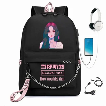 Модни черни раници, розови училищни чанти за момичета, пътни чанти, раница на веригата за лаптоп USB-порт за слушалки