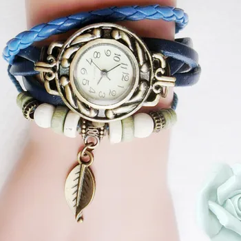 2023 Дамски Елегантни Реколта часовник-гривна Кожена обертке, Часовник-гривна с Отложено във формата на Листа, Дамски Модни часовници Reloj De Mujer