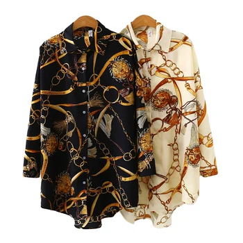 Търговия на едро тениски големи размери, блузи с принтом, Шифоновые Улични блузи, Дамски Пролетно Елегантна туника копчета.