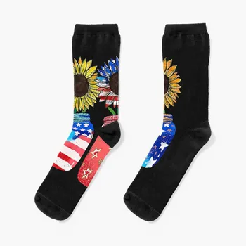 Слънчоглед Американски флаг Флаг на САЩ 4 юли Патриотични чорапи, луксозни Чорапи дизайнерско марка Спорт и свободно време