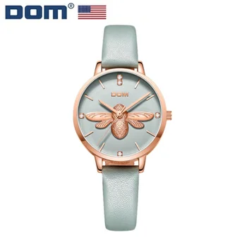 DOM 1265 Дамски Кварцов Часовник с Модерна Елегантна Малка Пчела Синя Кожена Показалеца Ръчни Часовници за Дами Часовници за Момичета Подарък
