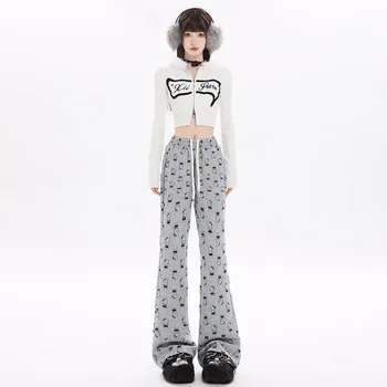 Ежедневни панталони на Sanrio Здравейте Кити в корейски стил с принтом КТ, с висока талия, разкроена, есенни нови ежедневни панталони street hot girl slim