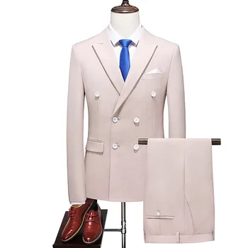2023 Модерен Нов мъжки бутик, бизнес Двубортный обикновен костюм, комплект / Мъжки Тънък Булчински Комплект от 2 теми, Блейзери, яке, панталони