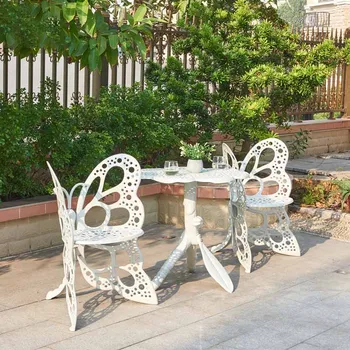 Комбинация от маса и столове за почивка на открито, Бяла маса и стол, кръгла маса, Чугун Лята алуминиева маса за хранене, чай маса
