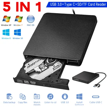 Външно Оптично Устройство 5 В 1 CD DVD RW, VCD USB 3.0 Type C с Порта SD/TF карта за Запис на DVD-та, CD-Writer за Лаптоп Macbook Notebook PC