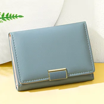 Модерен Женски портфейл от изкуствена кожа, с прост цветна катарама, кратък чантата си в три гънки, Елегантни Дамски Малка чанта Carteras Para Mujeres