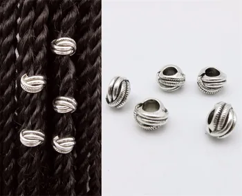 5шт-20pcs Антична сребърна панделка за коса, мъниста-дредлоки, скоби, копчета, пръстени с вътрешен отвор около 5,8 мм Аксесоари