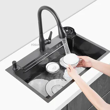 Европейската мивка с една дупка от неръждаема стомана 304, за кухненски плотове, многофункционални кухненски мивки Thicken Black, Нано-антибактериални