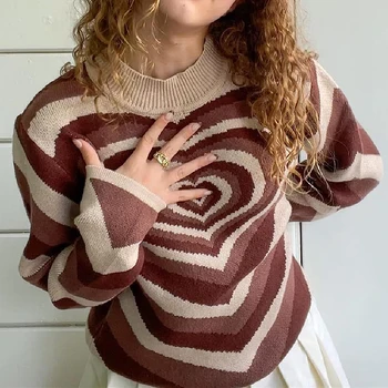 Harajuku Случайни трикотаж Градинска зимни дрехи на Мъже, Жени Вязаный пуловер с дълъг ръкав Y2K Пуловер във формата на сърце пуловер с кръгло деколте