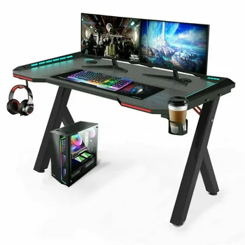 Игрална маса L, Компютърна маса за геймъри, Ергономичен работно място с RGB led подсветка, кука за слушалки, поставка за чаши за домашния офис