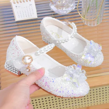 Обувки принцеси за момичета, модни обувки, от бяла кожа с пайети и перли, пролетни нови детски обувки за момичета на висок ток