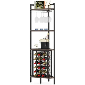 Ъглов вино багажник Отделно стоящи подови ъглова бар полк със стъклен държач за малко пространство