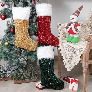 Коледни чорапи, бродирани с пайети, плюшено лоскутный торбичка за бонбони, окачен декор за подарък на празнично парти