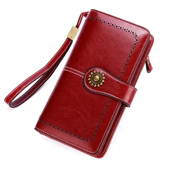 Жена портфейл-клатч от естествена кожа XZAN, чанта за мобилен телефон, портфейл за монети, дамски портфейл от естествена кожа с восъчен масло, Голяма чанта за пари