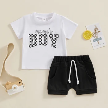 Летни дрехи за малки момчета, тениски с писмото принтом, потници и къси панталони с еластичен ластик на талията, комплект дрехи от 2 теми