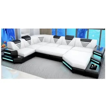 Най-новият висококачествен диван за хола U-образна форма с led подсветка, модерен нов дизайн, Функционални диванные слушалки от естествена кожа