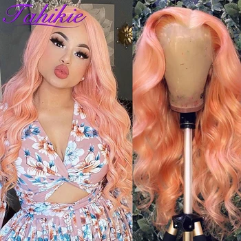 Розова перука с масова вълна, перука, завързана отпред, прозрачни бразилски перуки за жени, перука с масова вълна, цветни перуки, изработени от човешка коса