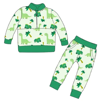 Нов дизайн на дрехи за момичета, панталони с дълъг ръкав, зелена кърпа от млечен коприна фигура на динозавър, casual стил