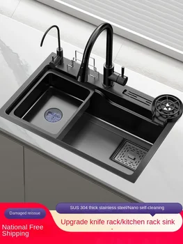 Кухненски Нано-мивка Под работния плот на мивка от неръждаема стомана 304, Голяма мивка за измиване на зеленчуци, ръчно изработени с един слот и държач за ножове