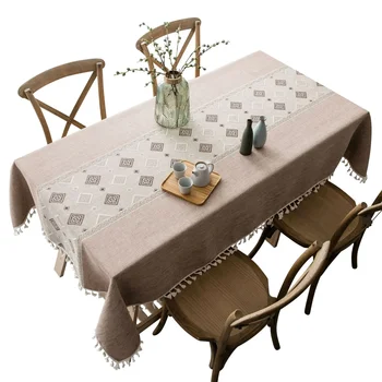 Модерен дизайн в райе, Однотонная Декоративна Бельо покривка с пискюли, Правоъгълно покритие на сватбена маса за хранене, покривка за чай на масата