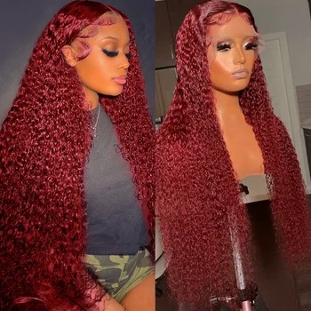 Перуки от човешка коса с дълбока вълна от 13x6 13x4, Бордо, с дълбоки swirls, HD Дантелени предни перуки, 99J, червен цвят, къдрава дантела и предната перуки