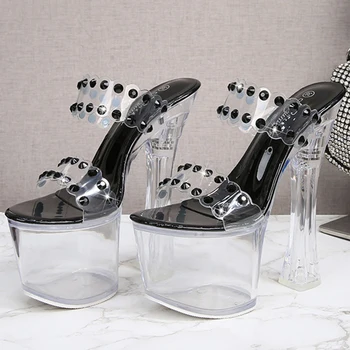 Дамски прозрачни Секси чехли, Дамски обувки на висок ток с нитове, Брандираната парти за танци на един стълб, платформа за високо качество, т-образни парти, по-Големи размери
