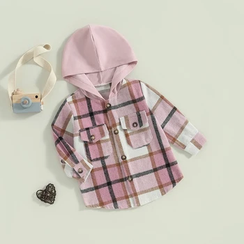 Клетчатая яке за малки момичета, палто с качулка и дълъг ръкав, връхни дрехи копчета, есенна дрехи с джобове