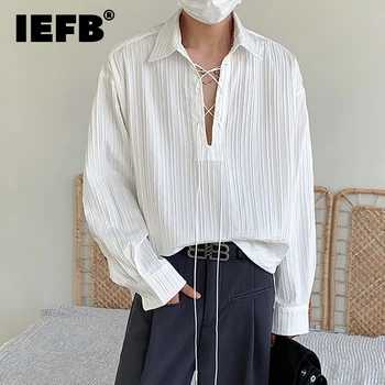Мъжка риза IEFB, пуловери с индивидуалните джапанки, потници, Монофонични тенденция нишевого дизайн, риза с дълъг ръкав, плиссированная ежедневни облекла 9C2120