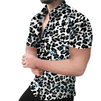 Мъжка риза с къс ръкав с 3D леопардовым принтом 2023 тениска за почивка на плажа
